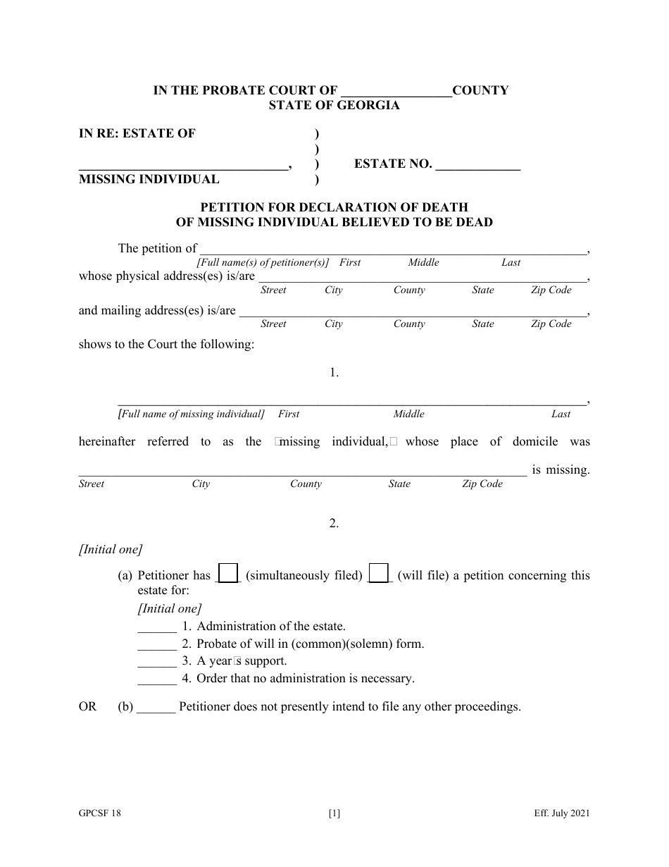 Form GPCSF18 Petition for Declaration of Death of Missing Individual Believed to Be Dead - Georgia (United States), Page 3
