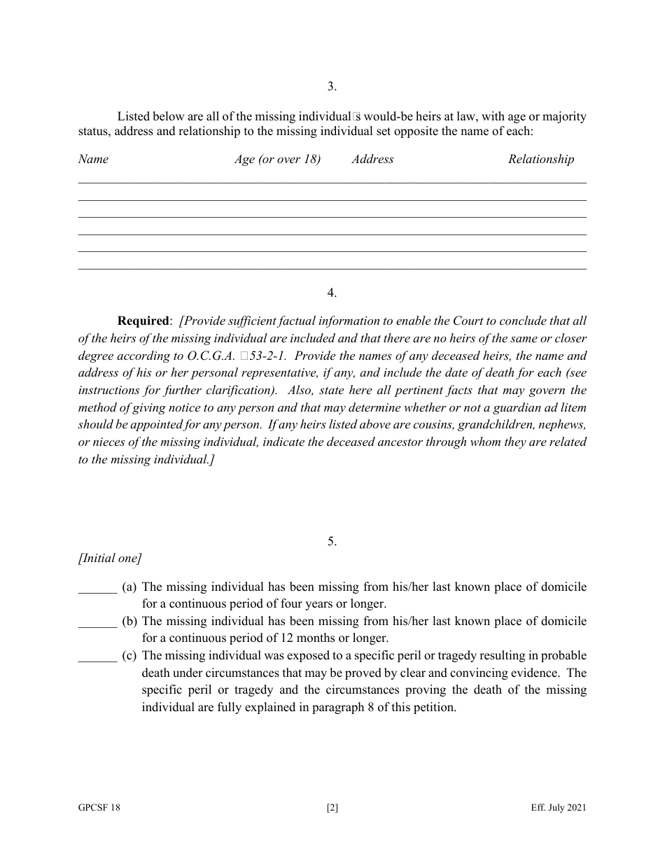 Form GPCSF18 Petition for Declaration of Death of Missing Individual Believed to Be Dead - Georgia (United States), Page 4