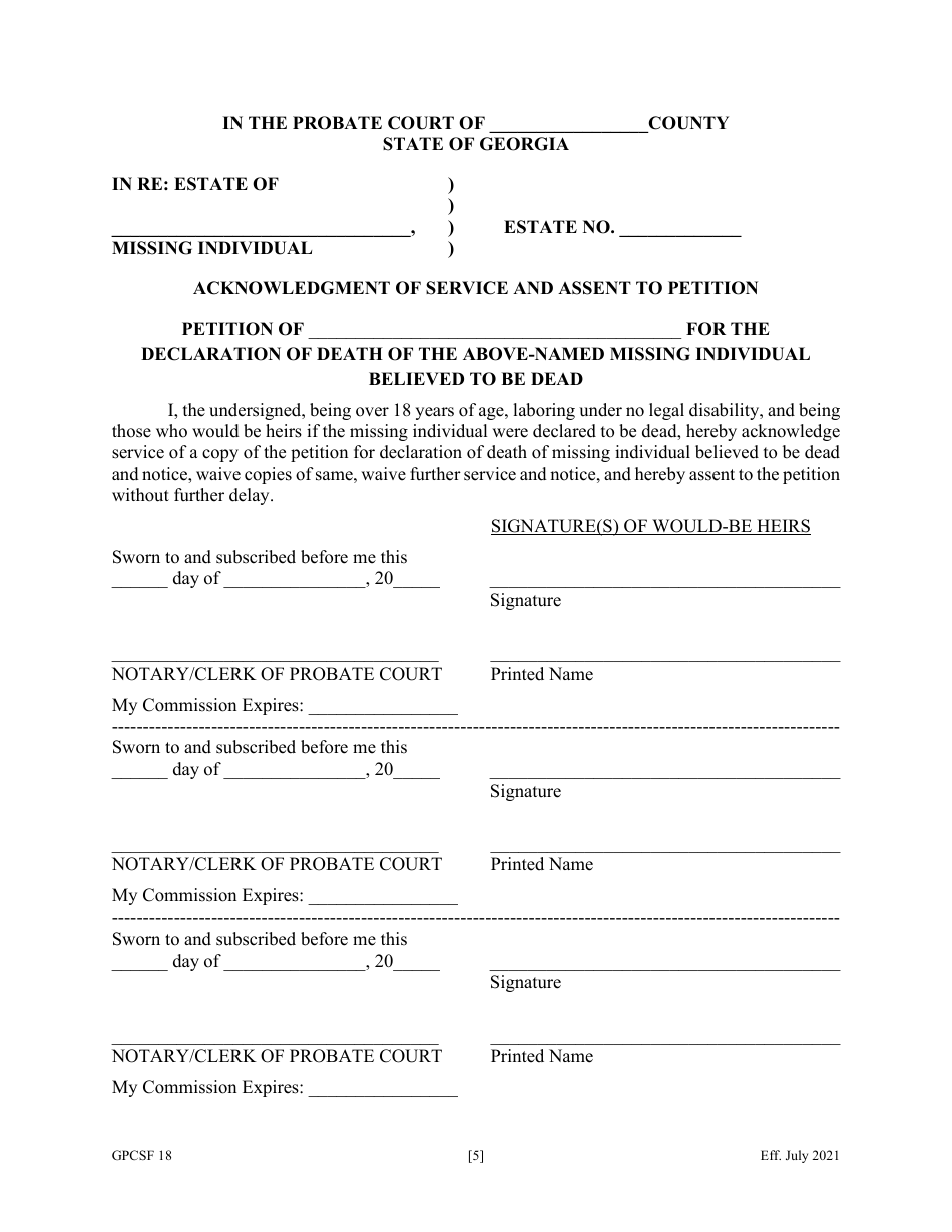 Form GPCSF18 Petition for Declaration of Death of Missing Individual Believed to Be Dead - Georgia (United States), Page 7