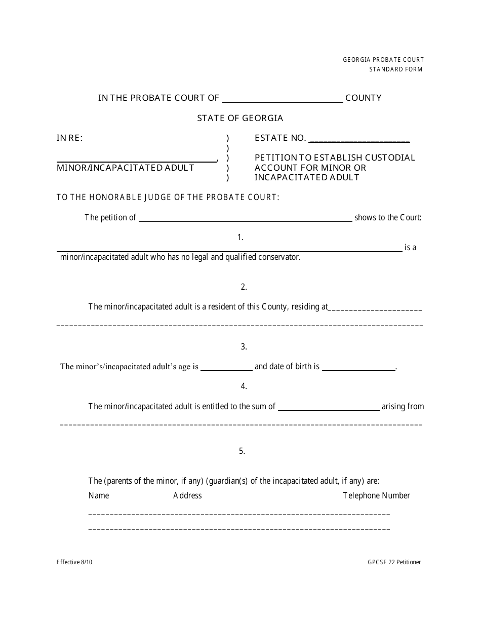 Form GPCSF22 Petition to Establish Custodial Account for Minor or Incapacitated Adult - Georgia (United States), Page 2