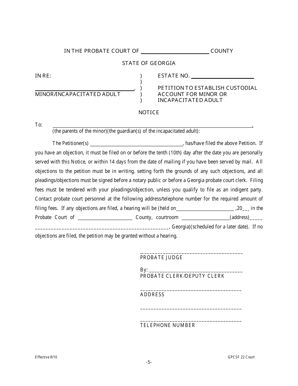 Form GPCSF22 Petition to Establish Custodial Account for Minor or Incapacitated Adult - Georgia (United States), Page 6