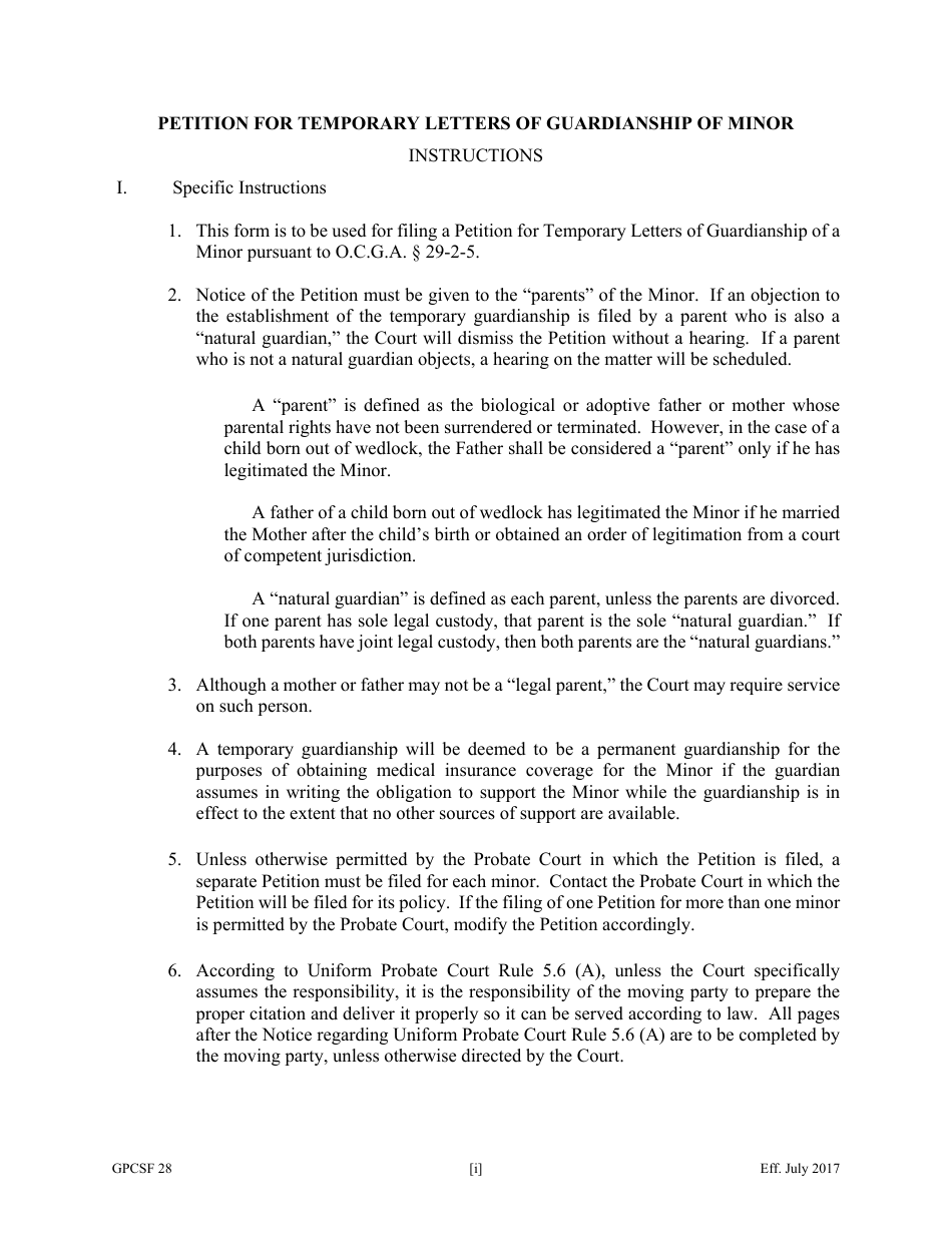 Form GPCSF28 Petition for Temporary Letters of Guardianship of Minor - Georgia (United States), Page 1