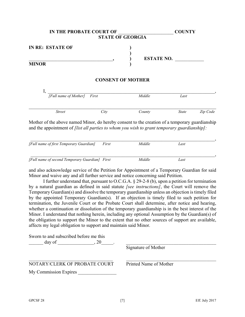 Form GPCSF28 Petition for Temporary Letters of Guardianship of Minor - Georgia (United States), Page 9