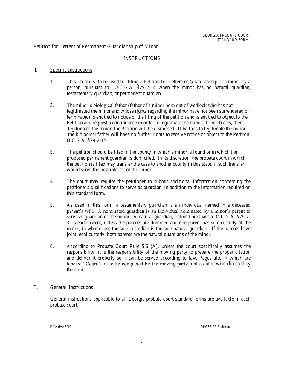 Form GPCSF29 Petition for Permanent Letters of Guardianship of Minor - Georgia (United States), Page 1