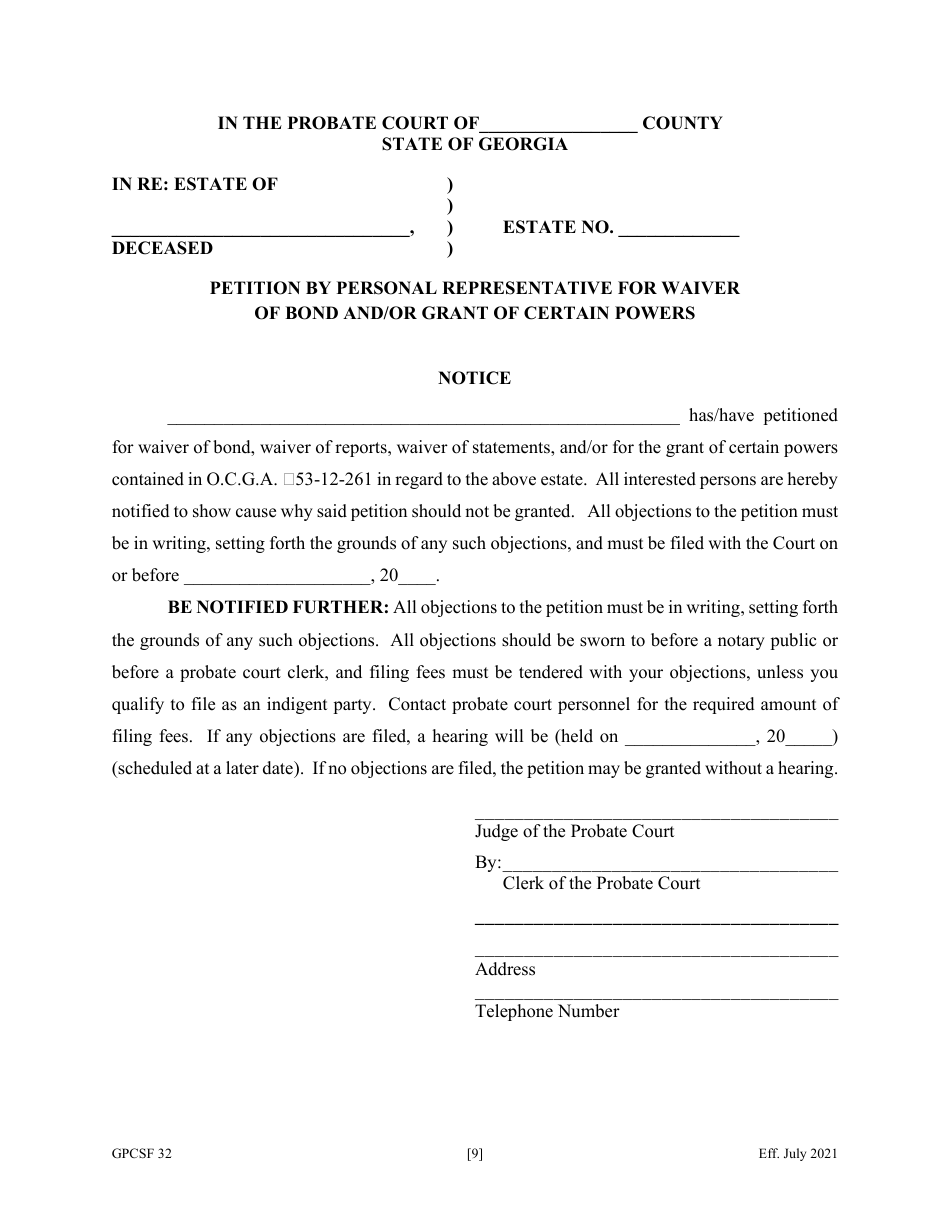 Form GPCSF32 Etition by Personal Representative for Waiver of Bond, Waiver of Reports, Waiver of Statements, and / or Grant of Certain Powers - Georgia (United States), Page 11