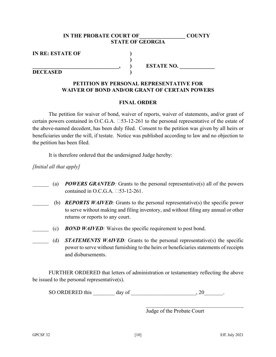 Form GPCSF32 Etition by Personal Representative for Waiver of Bond, Waiver of Reports, Waiver of Statements, and / or Grant of Certain Powers - Georgia (United States), Page 12