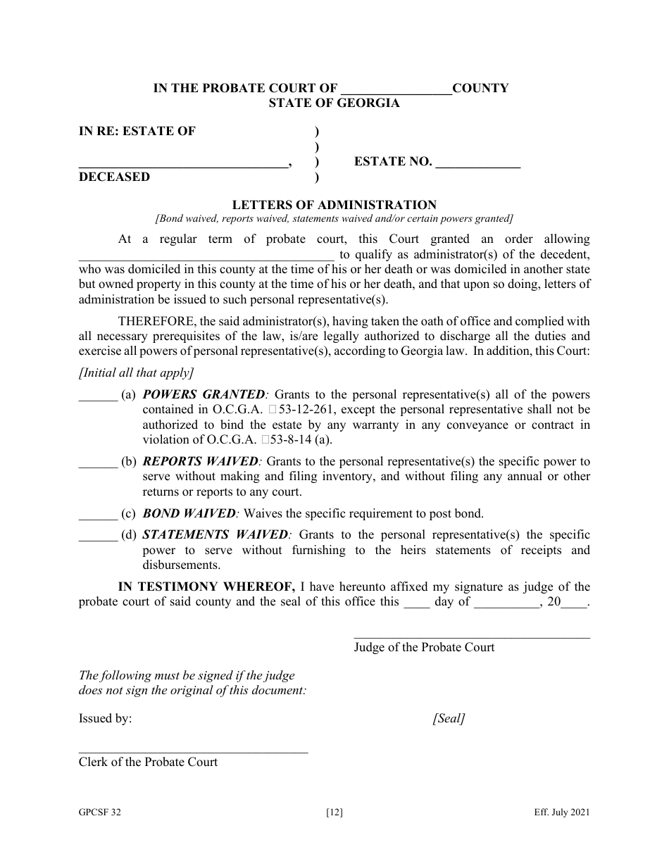 Form GPCSF32 Etition by Personal Representative for Waiver of Bond, Waiver of Reports, Waiver of Statements, and / or Grant of Certain Powers - Georgia (United States), Page 14
