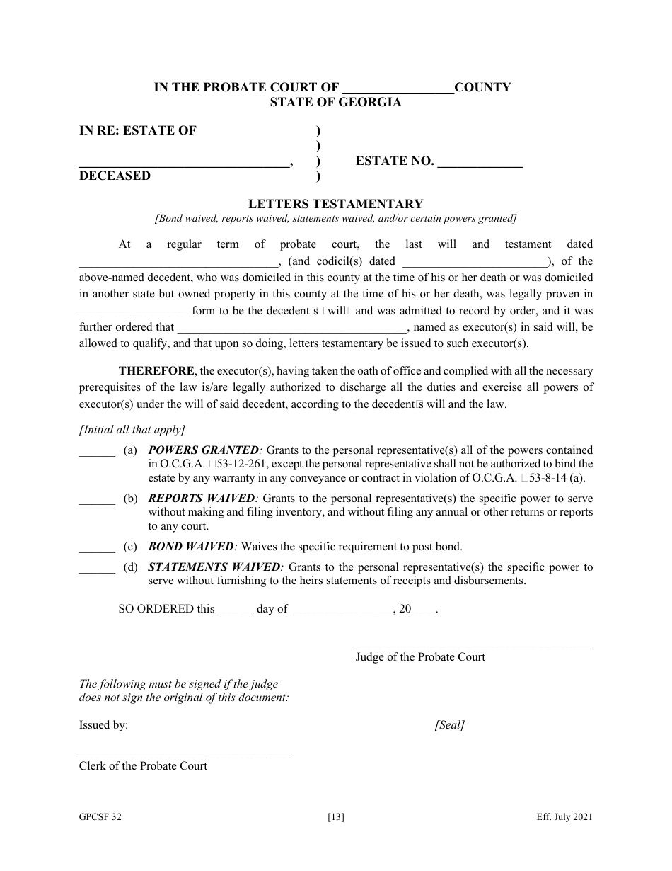 Form GPCSF32 Etition by Personal Representative for Waiver of Bond, Waiver of Reports, Waiver of Statements, and / or Grant of Certain Powers - Georgia (United States), Page 15