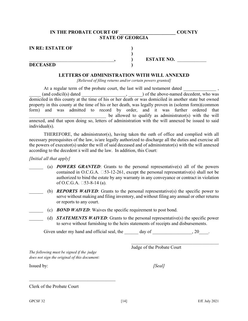 Form GPCSF32 Etition by Personal Representative for Waiver of Bond, Waiver of Reports, Waiver of Statements, and / or Grant of Certain Powers - Georgia (United States), Page 16