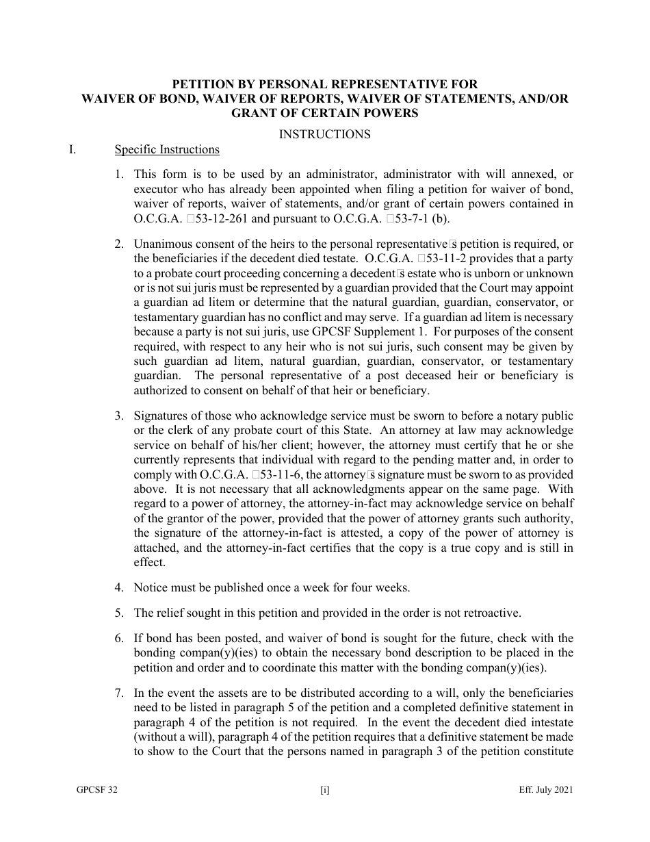 Form GPCSF32 Etition by Personal Representative for Waiver of Bond, Waiver of Reports, Waiver of Statements, and / or Grant of Certain Powers - Georgia (United States), Page 1