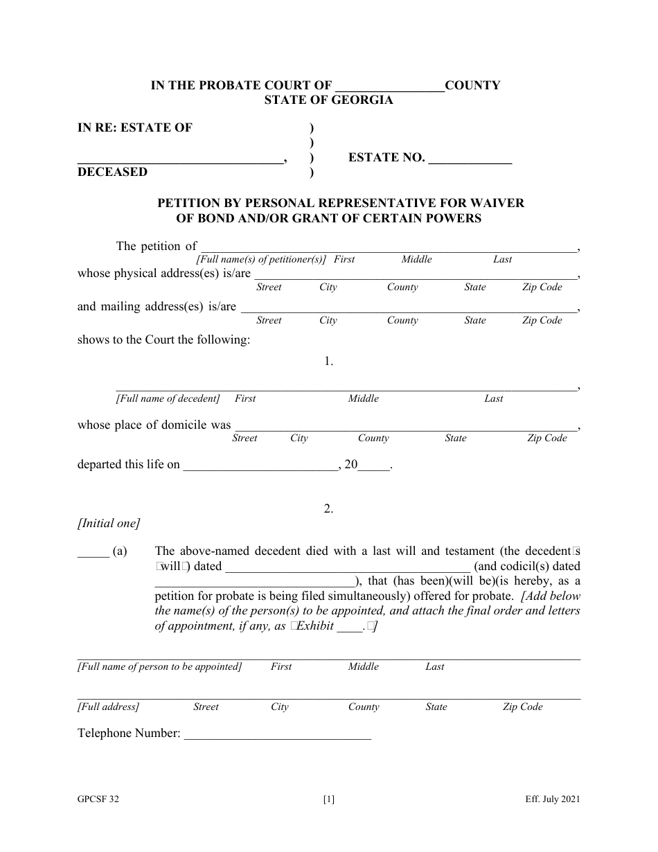 Form GPCSF32 Etition by Personal Representative for Waiver of Bond, Waiver of Reports, Waiver of Statements, and / or Grant of Certain Powers - Georgia (United States), Page 3
