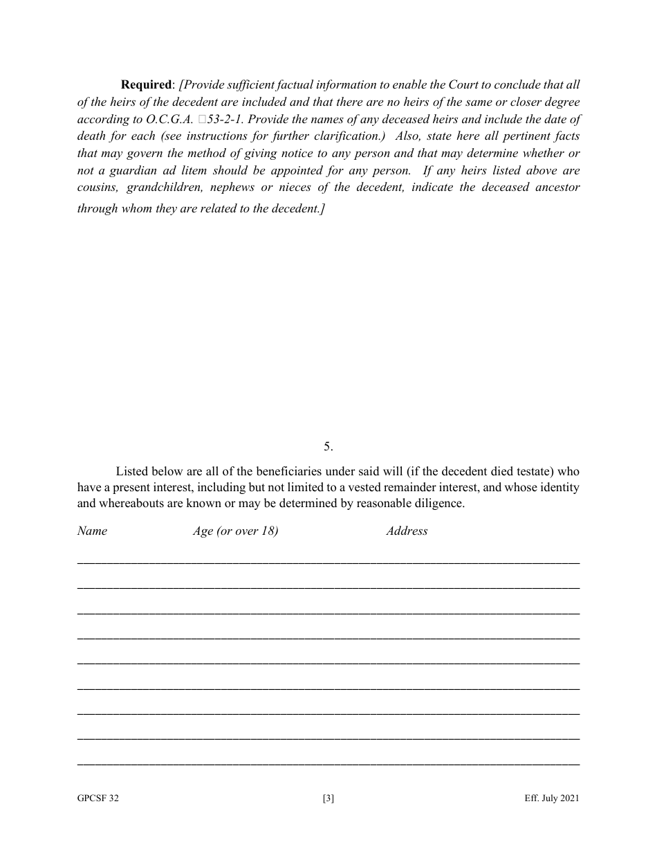 Form GPCSF32 Etition by Personal Representative for Waiver of Bond, Waiver of Reports, Waiver of Statements, and / or Grant of Certain Powers - Georgia (United States), Page 5