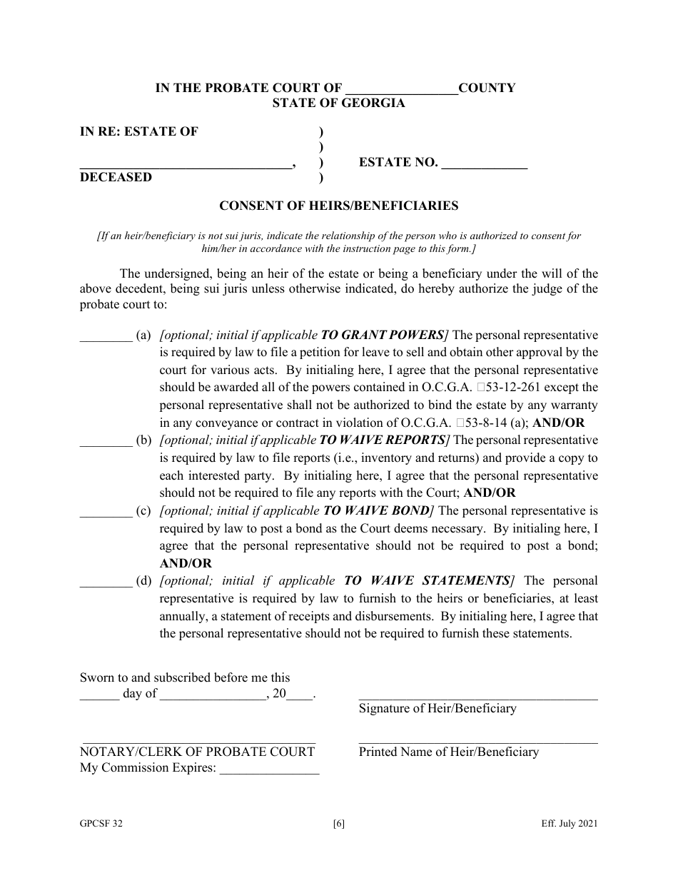 Form GPCSF32 Etition by Personal Representative for Waiver of Bond, Waiver of Reports, Waiver of Statements, and / or Grant of Certain Powers - Georgia (United States), Page 8