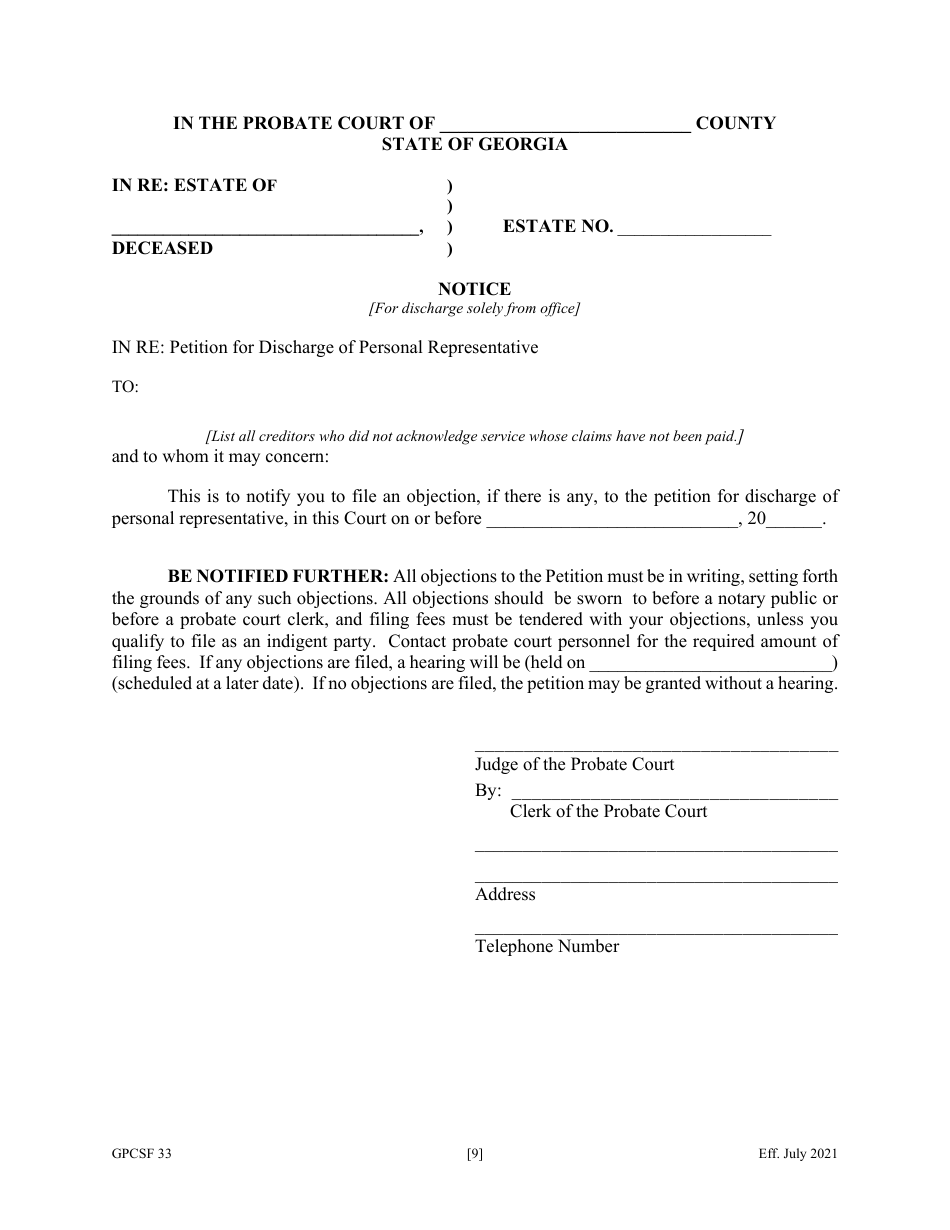 Form GPCSF33 Petition for Discharge of Personal Representative - Georgia (United States), Page 11