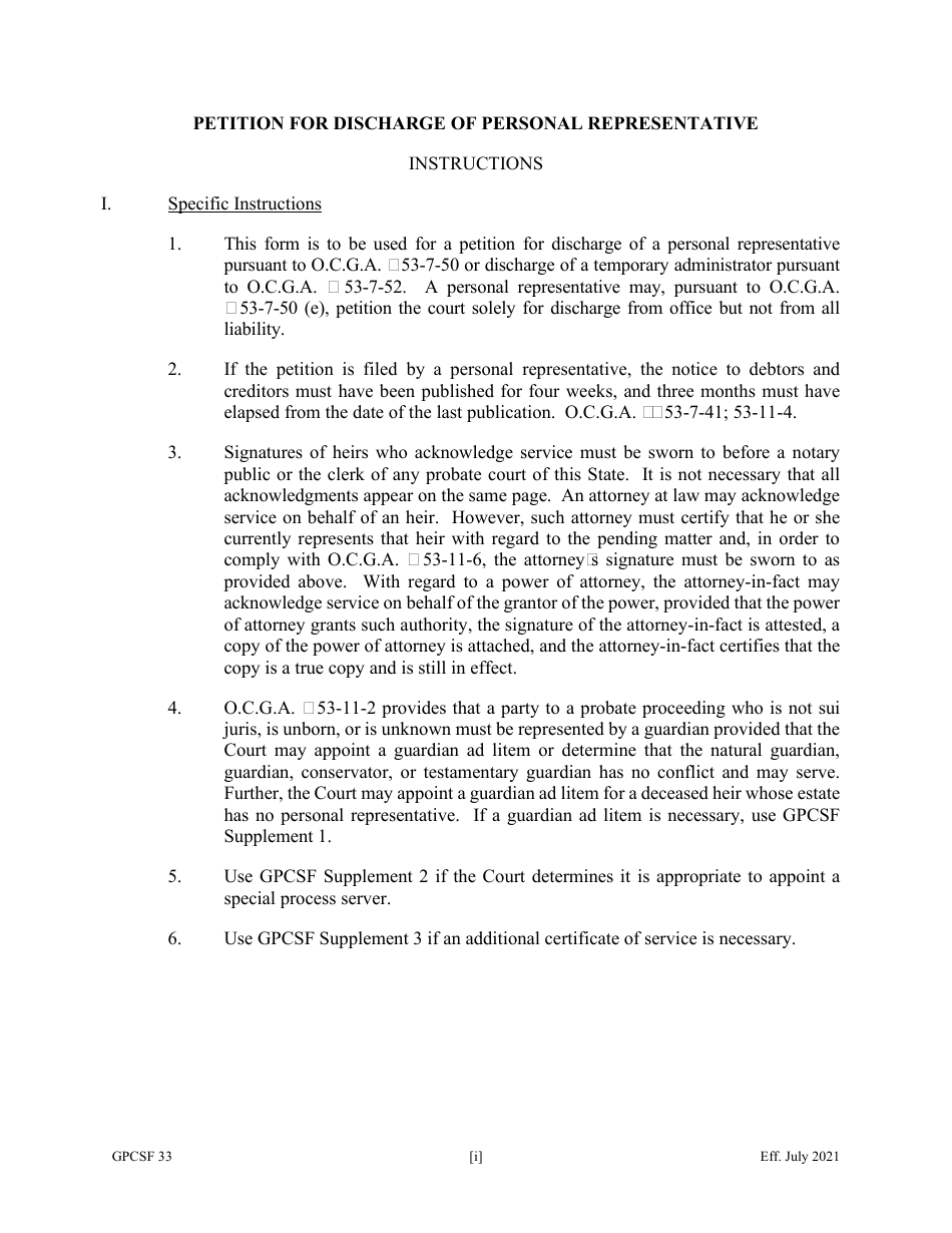 Form GPCSF33 Petition for Discharge of Personal Representative - Georgia (United States), Page 1