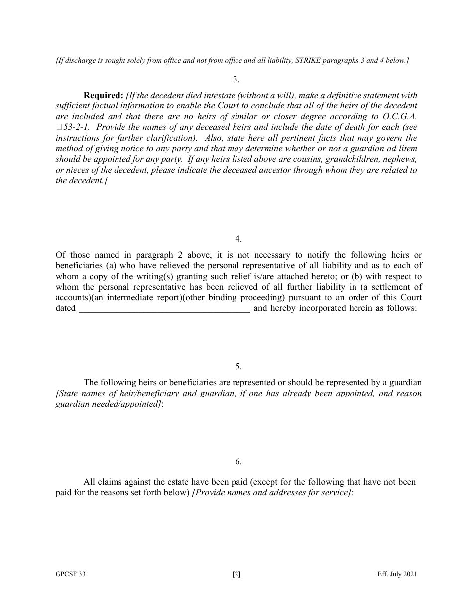 Form GPCSF33 Petition for Discharge of Personal Representative - Georgia (United States), Page 4