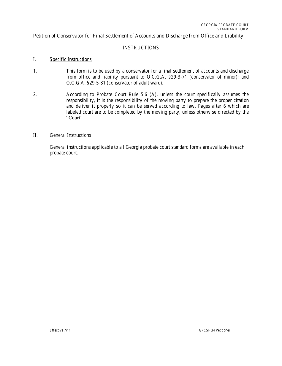 Form GPCSF34 Petition of Conservator for Final Settlement of Accounts and Discharge From Office and Liability - Georgia (United States), Page 1