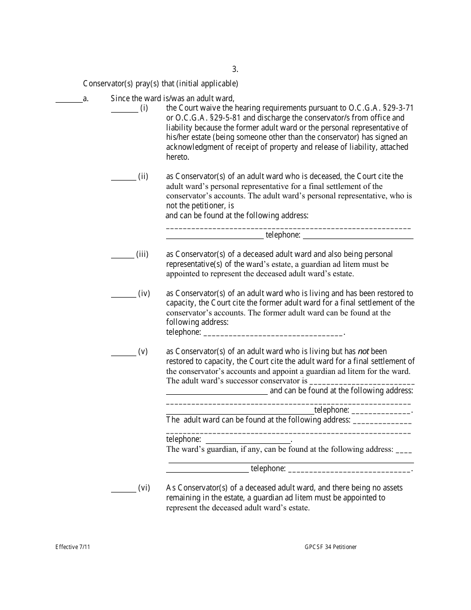 Form GPCSF34 Petition of Conservator for Final Settlement of Accounts and Discharge From Office and Liability - Georgia (United States), Page 3