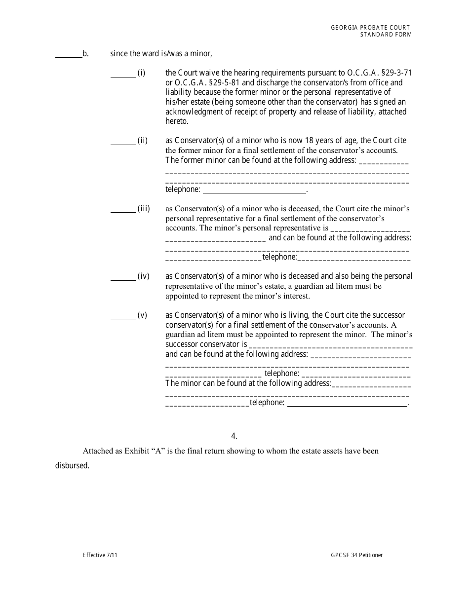 Form GPCSF34 Petition of Conservator for Final Settlement of Accounts and Discharge From Office and Liability - Georgia (United States), Page 4