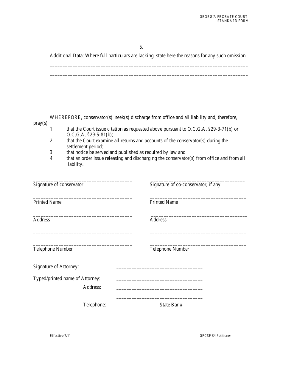 Form GPCSF34 Petition of Conservator for Final Settlement of Accounts and Discharge From Office and Liability - Georgia (United States), Page 5