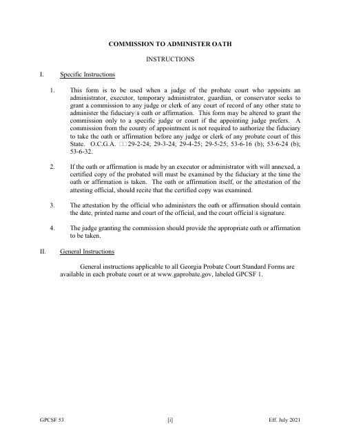 Form GPCSF53 Commission to Administer Oath - Georgia (United States)