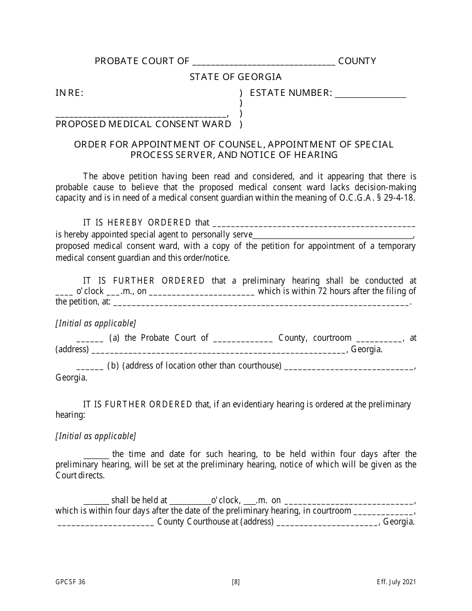 Form GPCSF36 Petition for the Appointment of a Temporary Medical Consent Guardian for a Proposed Medical Consent Ward - Georgia (United States), Page 10