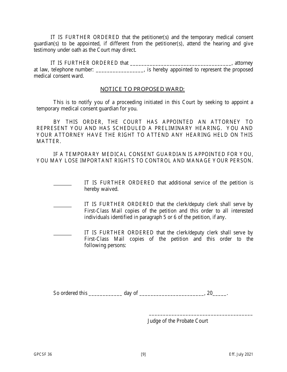 Form GPCSF36 Petition for the Appointment of a Temporary Medical Consent Guardian for a Proposed Medical Consent Ward - Georgia (United States), Page 11