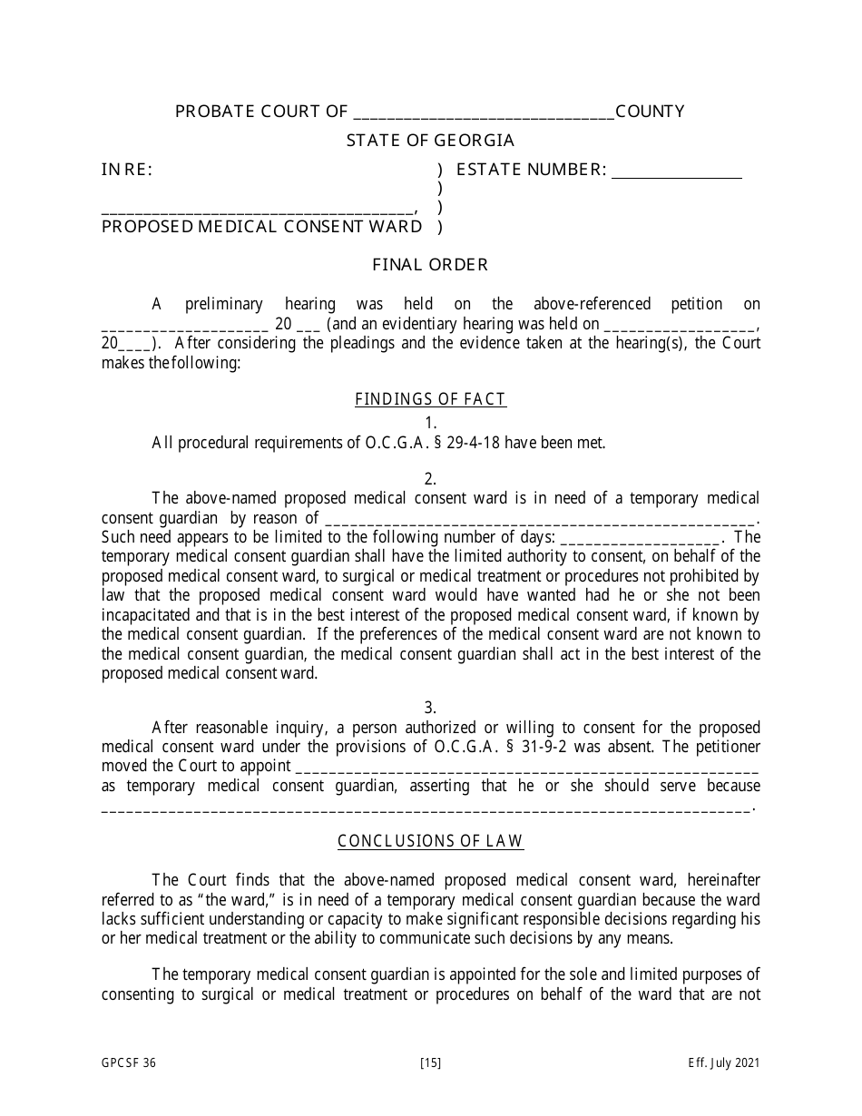 Form GPCSF36 Petition for the Appointment of a Temporary Medical Consent Guardian for a Proposed Medical Consent Ward - Georgia (United States), Page 17
