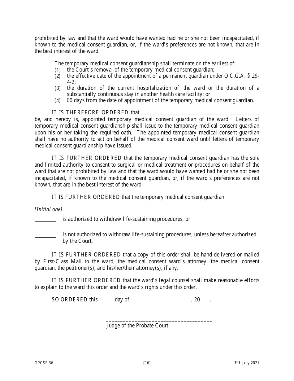Form GPCSF36 Petition for the Appointment of a Temporary Medical Consent Guardian for a Proposed Medical Consent Ward - Georgia (United States), Page 18