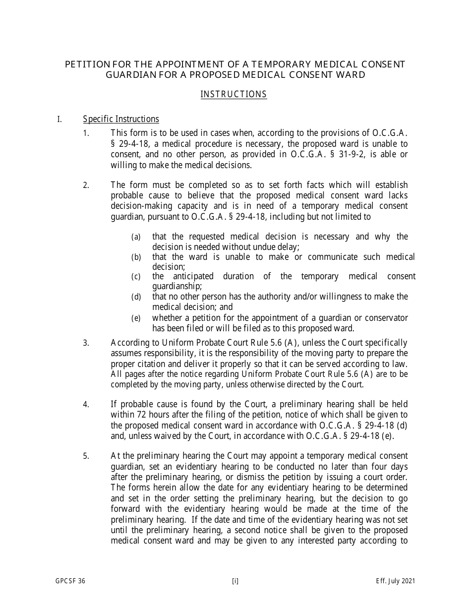 Form GPCSF36 Petition for the Appointment of a Temporary Medical Consent Guardian for a Proposed Medical Consent Ward - Georgia (United States), Page 1