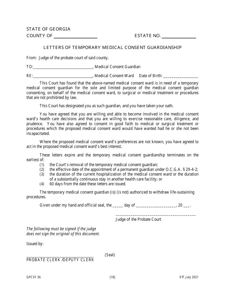 Form GPCSF36 Petition for the Appointment of a Temporary Medical Consent Guardian for a Proposed Medical Consent Ward - Georgia (United States), Page 20
