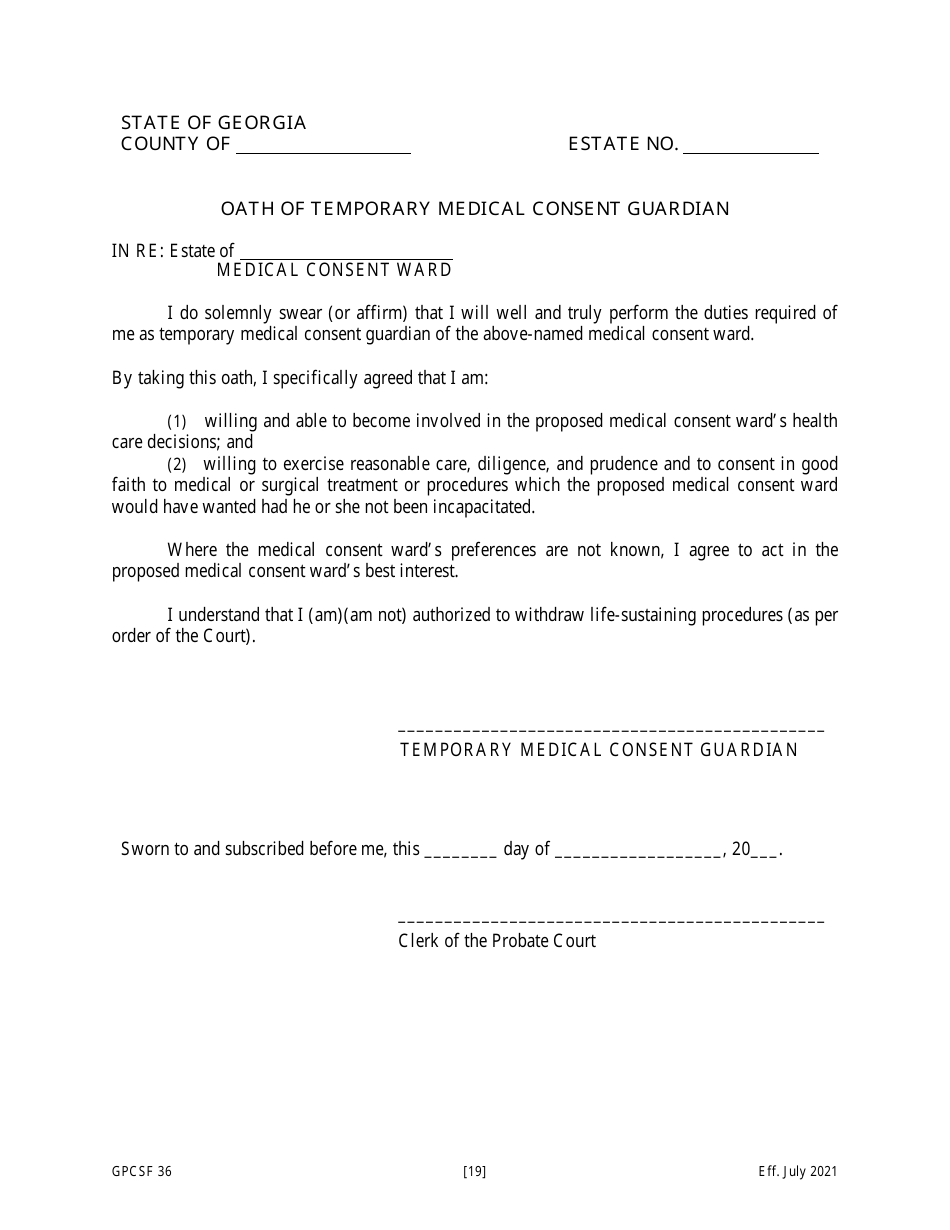 Form GPCSF36 Petition for the Appointment of a Temporary Medical Consent Guardian for a Proposed Medical Consent Ward - Georgia (United States), Page 21