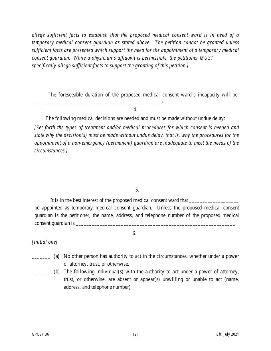 Form GPCSF36 Petition for the Appointment of a Temporary Medical Consent Guardian for a Proposed Medical Consent Ward - Georgia (United States), Page 4