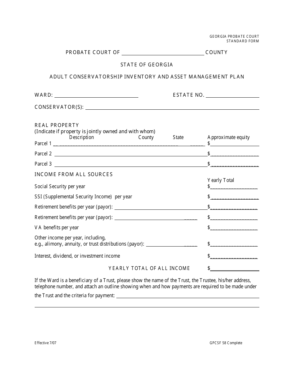 Form GPCSF58 Adult Conservatorship Inventory and Asset Management Plan - Georgia (United States), Page 2