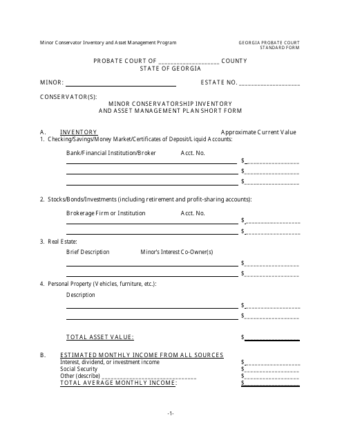 Form GPCSF59 Minor Conservatorship Inventory and Asset Management Plan Short Form - Georgia (United States)
