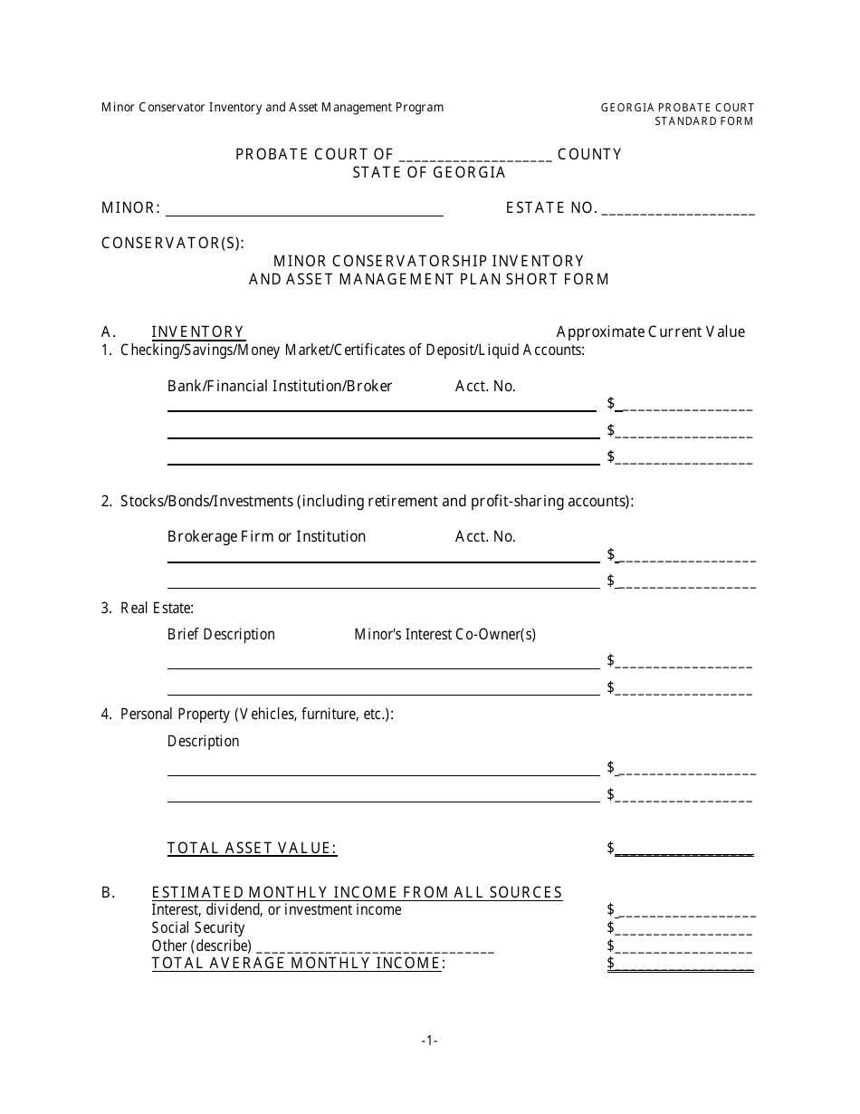 Form GPCSF59 Minor Conservatorship Inventory and Asset Management Plan Short Form - Georgia (United States), Page 1