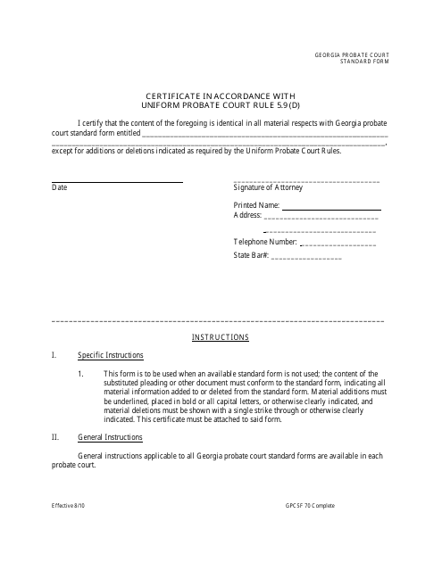 Form GPCSF70 Certificate in Accordance With Uniform Probate Court Rule 5.9 (D) - Georgia (United States)