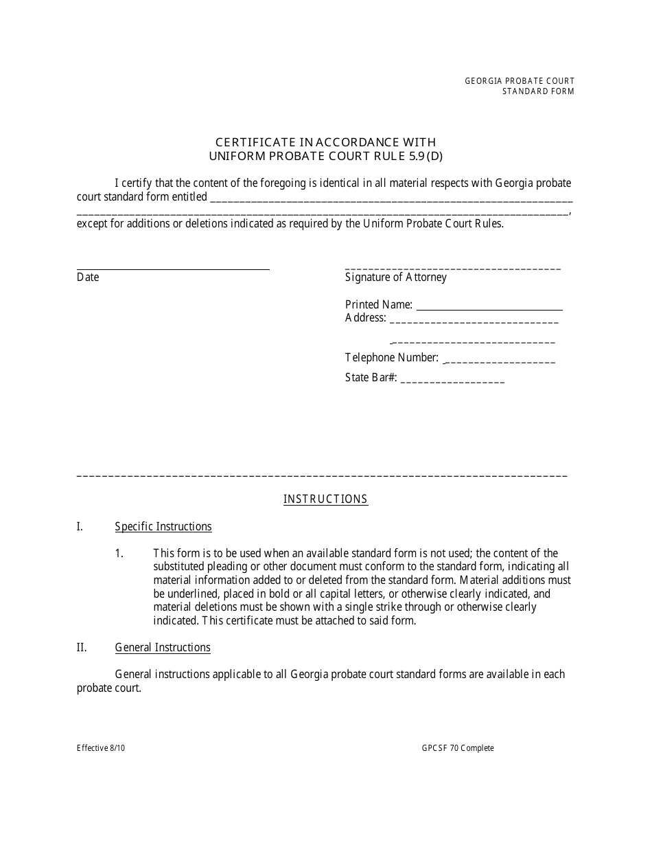 Form GPCSF70 Certificate in Accordance With Uniform Probate Court Rule 5.9 (D) - Georgia (United States), Page 1