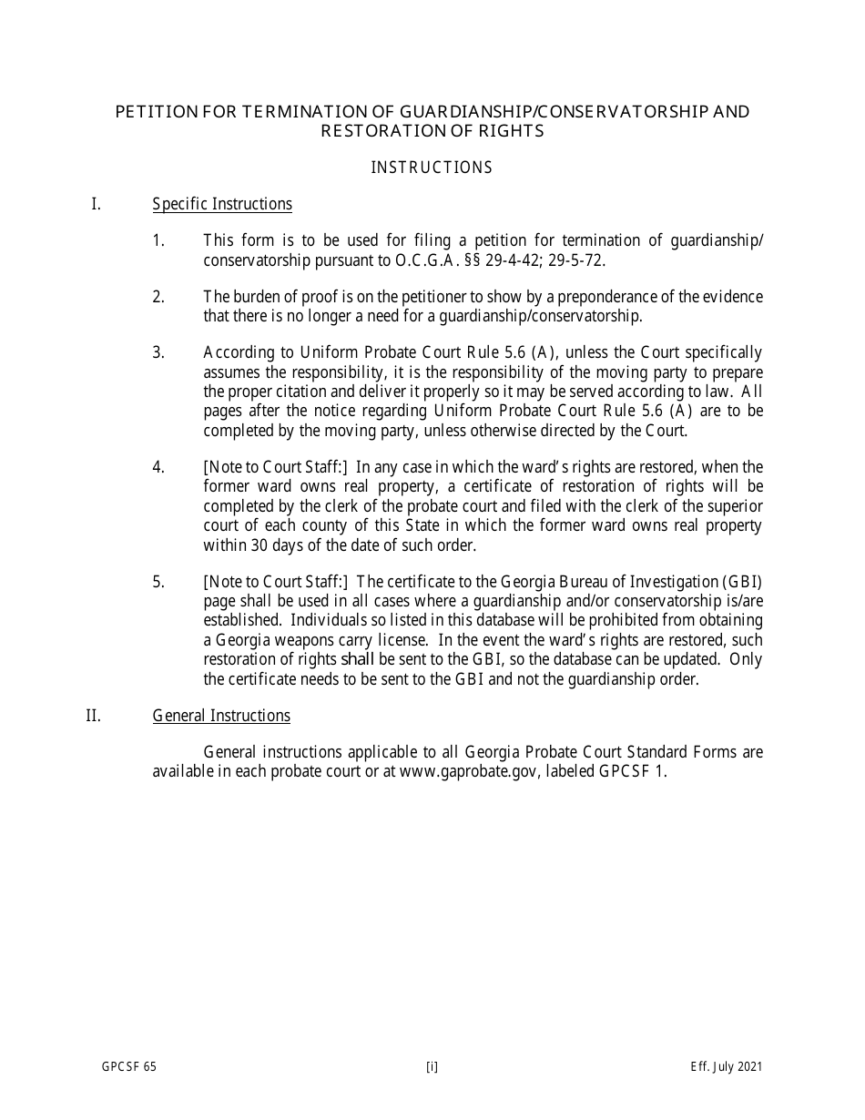 Form GPCSF65 Petition for Termination of Guardianship / Conservatorship and Restoration of Rights - Georgia (United States), Page 1