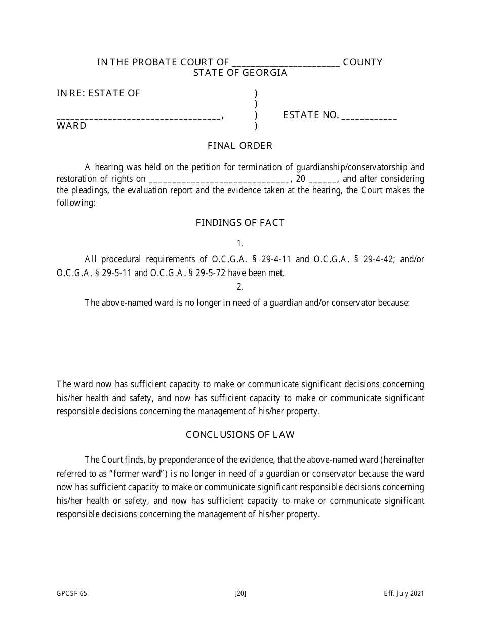 Form GPCSF65 Petition for Termination of Guardianship / Conservatorship and Restoration of Rights - Georgia (United States), Page 21