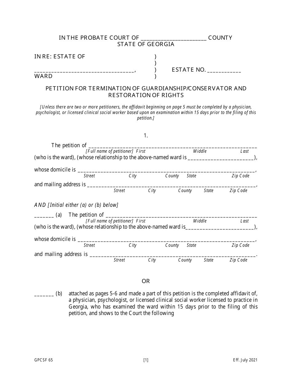 Form GPCSF65 Petition for Termination of Guardianship / Conservatorship and Restoration of Rights - Georgia (United States), Page 2