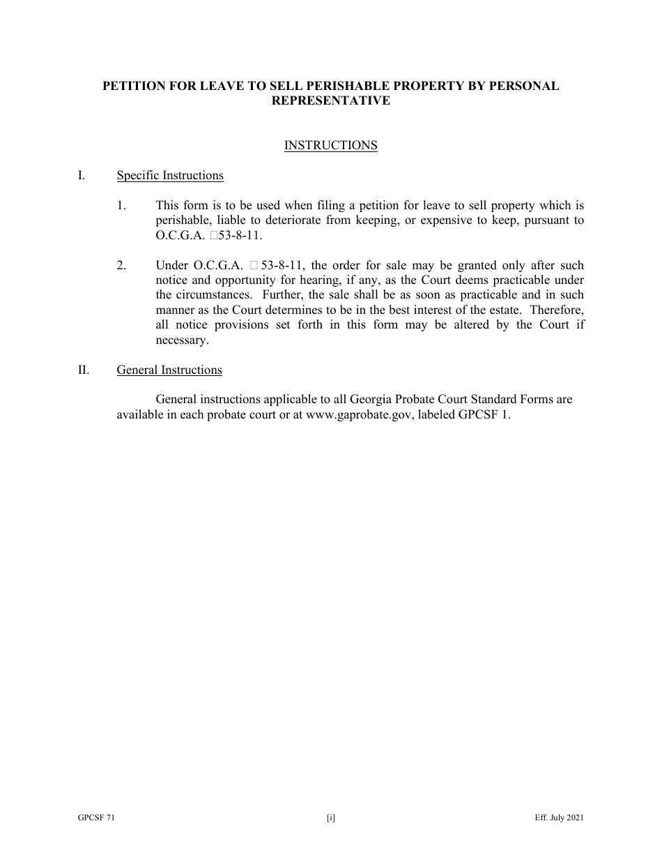Form GPCSF71 Petition for Leave to Sell Perishable Property by Personal Representative - Georgia (United States), Page 1