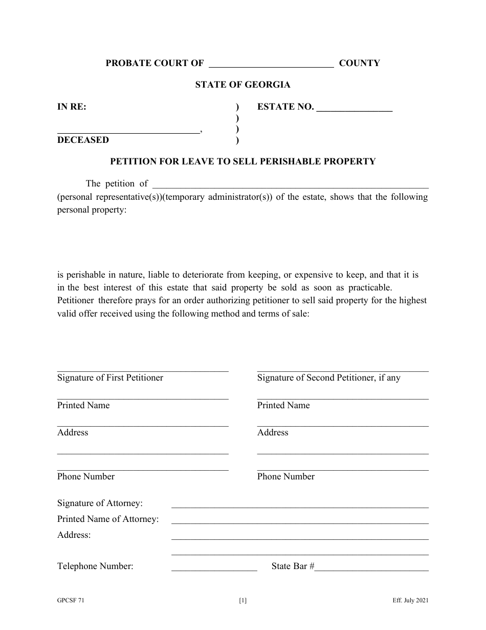 Form GPCSF71 Petition for Leave to Sell Perishable Property by Personal Representative - Georgia (United States), Page 2