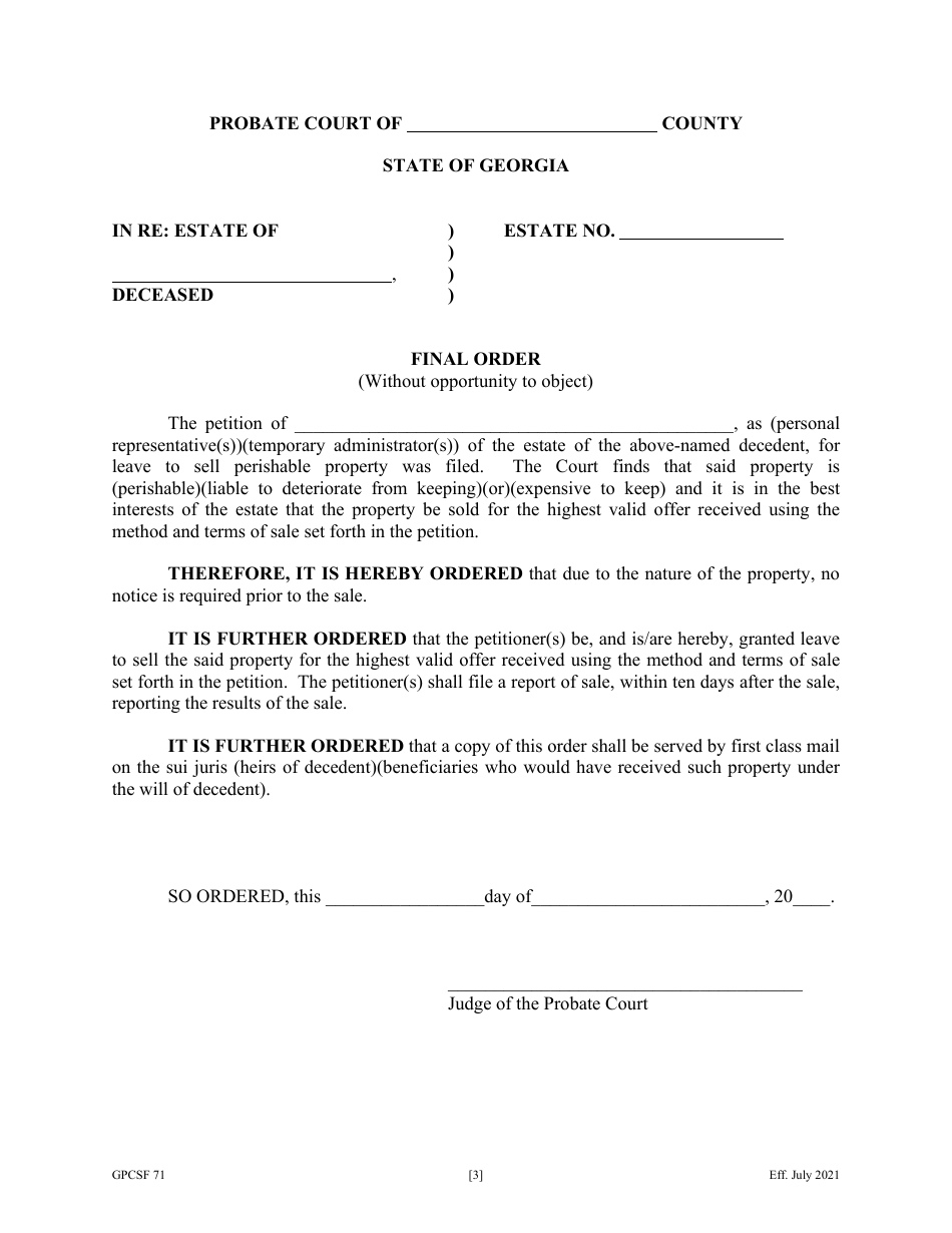 Form GPCSF71 Petition for Leave to Sell Perishable Property by Personal Representative - Georgia (United States), Page 4