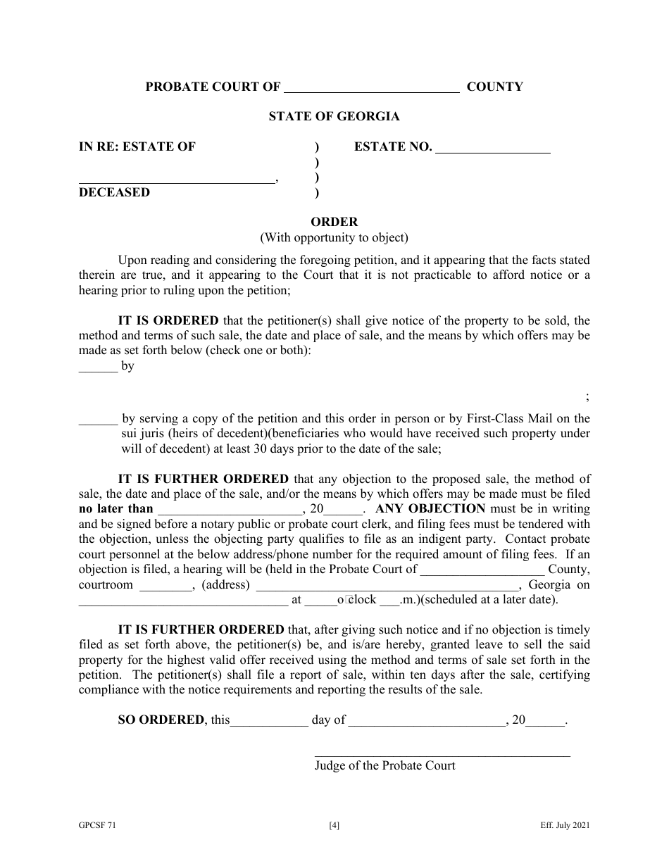 Form GPCSF71 Petition for Leave to Sell Perishable Property by Personal Representative - Georgia (United States), Page 5