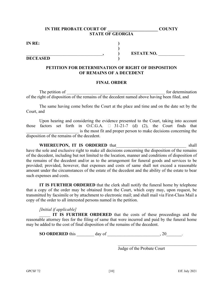 Form GPCSF72 Petition for Determination of Right of Disposition of Remains of a Decedent - Georgia (United States), Page 11
