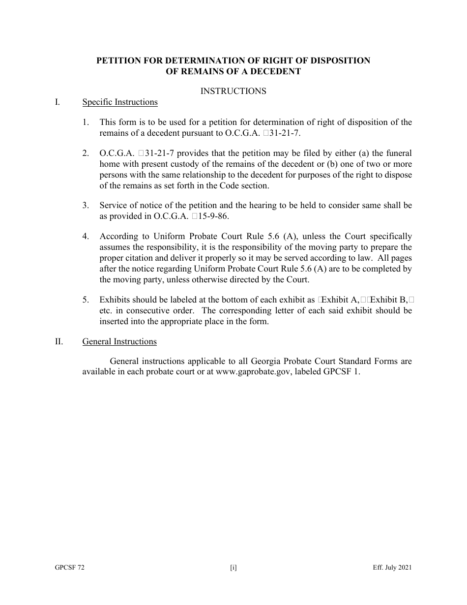Form GPCSF72 Petition for Determination of Right of Disposition of Remains of a Decedent - Georgia (United States), Page 1