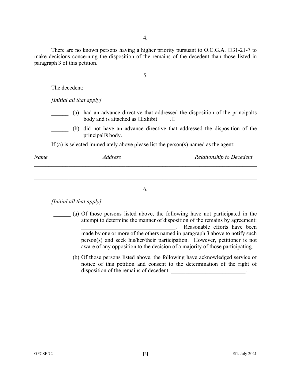 Form GPCSF72 Petition for Determination of Right of Disposition of Remains of a Decedent - Georgia (United States), Page 3