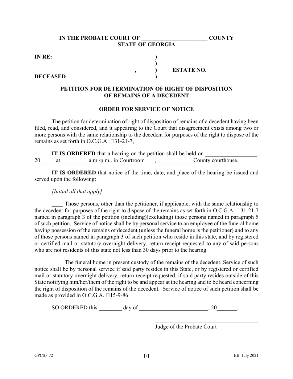 Form GPCSF72 Petition for Determination of Right of Disposition of Remains of a Decedent - Georgia (United States), Page 8