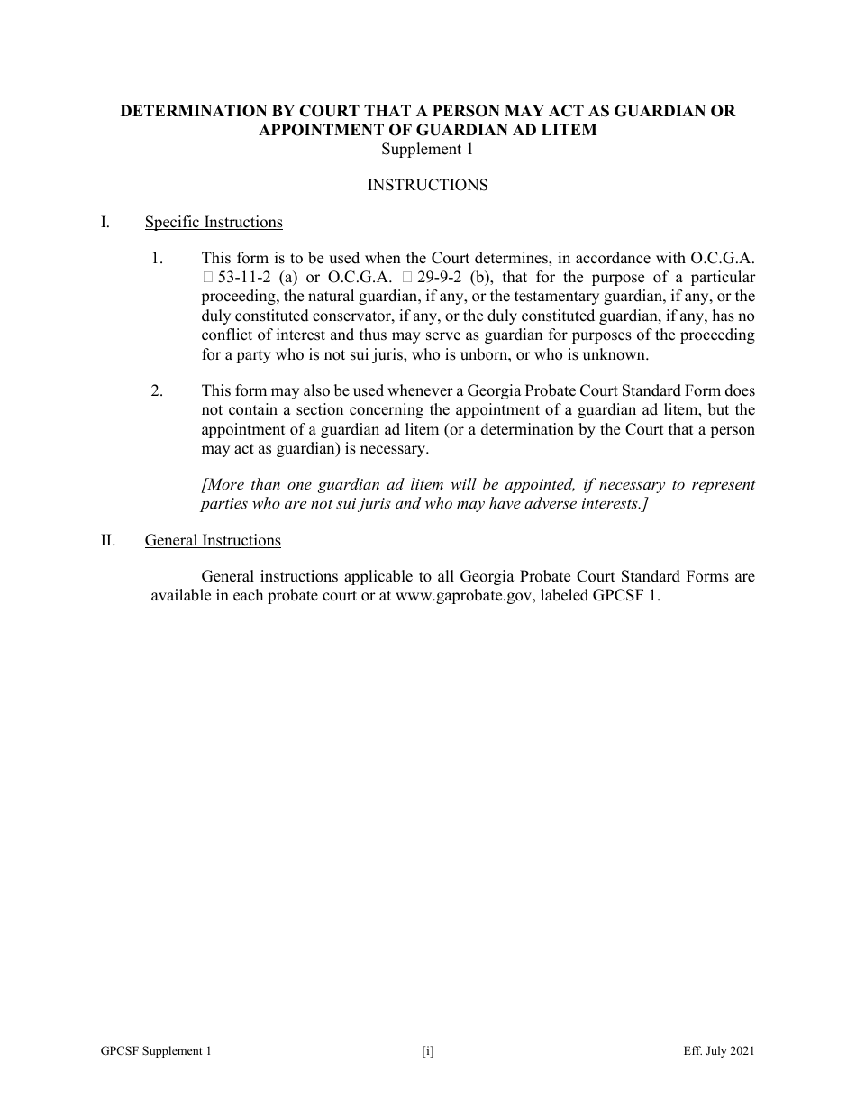 Supplement 1 Determination by Court That a Person May Act as Guardian or Appointment of Guardian Ad Litem - Georgia (United States), Page 1
